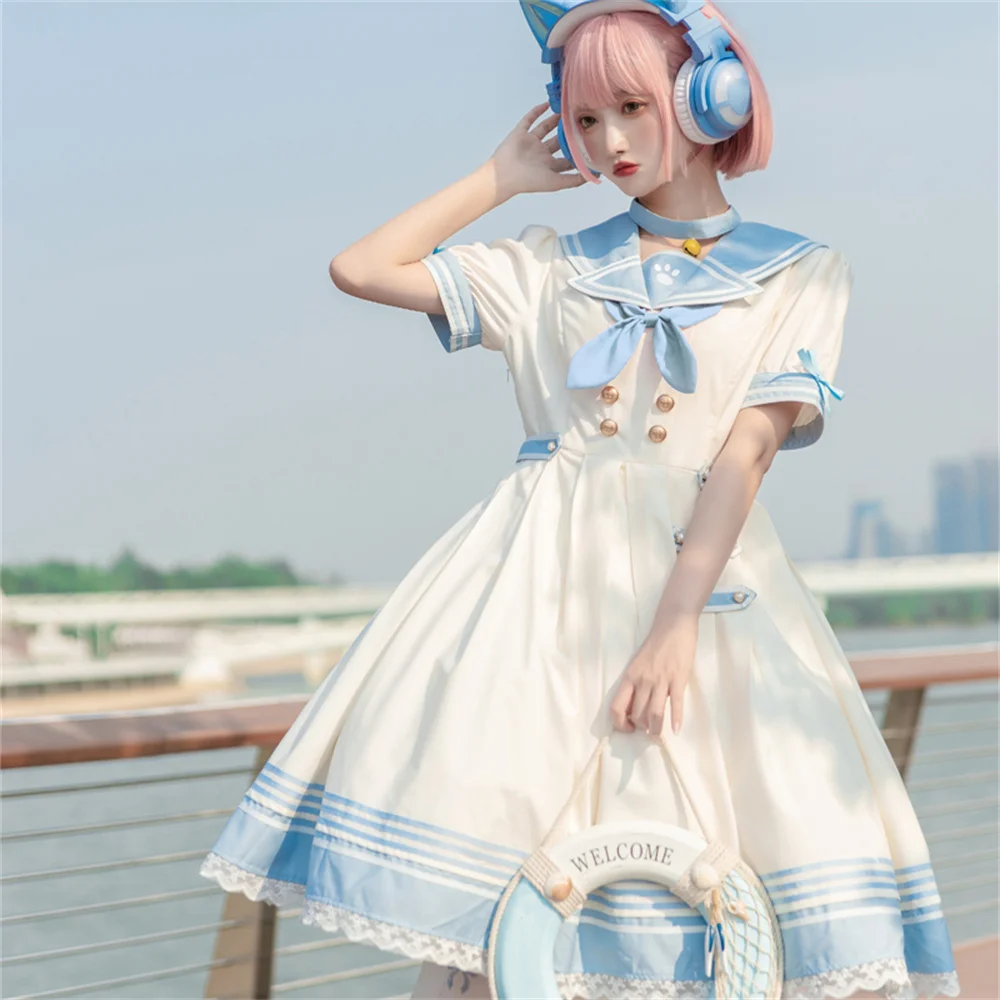 Lieve Coole Meisjes Zomer Aan Zee Zeeman Lolita Jurk Kawaii Vrouw Metalen Knoop Pofmouw Navy Jk Uniform Cosplay Lolita Op