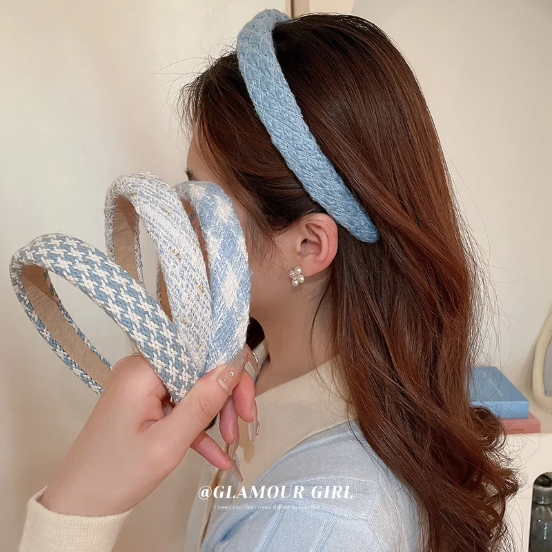 Gentle Blue Milk White Woolen Winter Hair Accessories Girl Headband Boutique Handmade Woven Denim Blue Stripe Women's Hair Bands