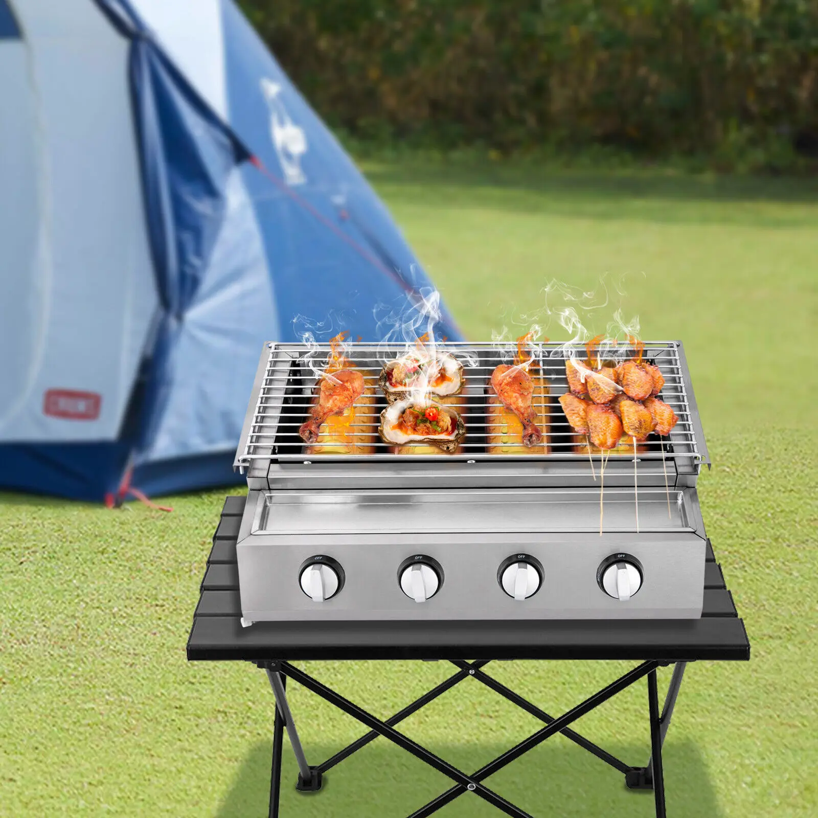 Professioneller Gasgrill mit Grillplatte, höhenverstellbarer, abnehmbarer Grill-Gasbräter, 4-Flammen-Gastro-Bräter für Camping-Balkon