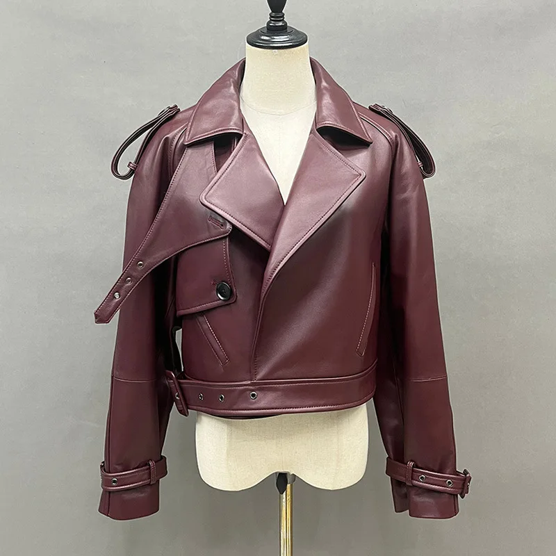 2024 giacca da donna in vera pelle moto cappotto con colletto rovesciato cappotto in pelle Streetwear moda con cintura