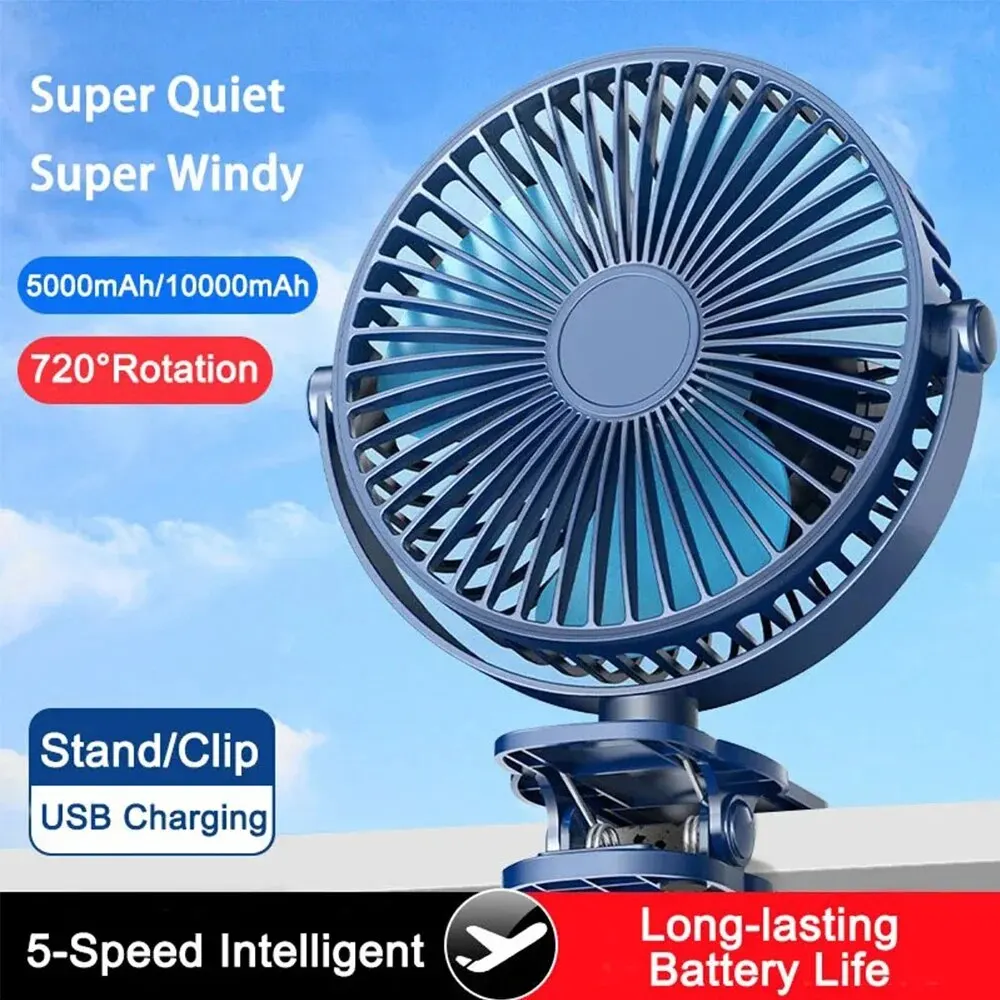 Portable USB Table Fan Clip-on Type 5000/10000mAh Rechargeable Mini Desk Fan 720 Degree Rotation 5 Speeds Adjustable Clip-on Fan