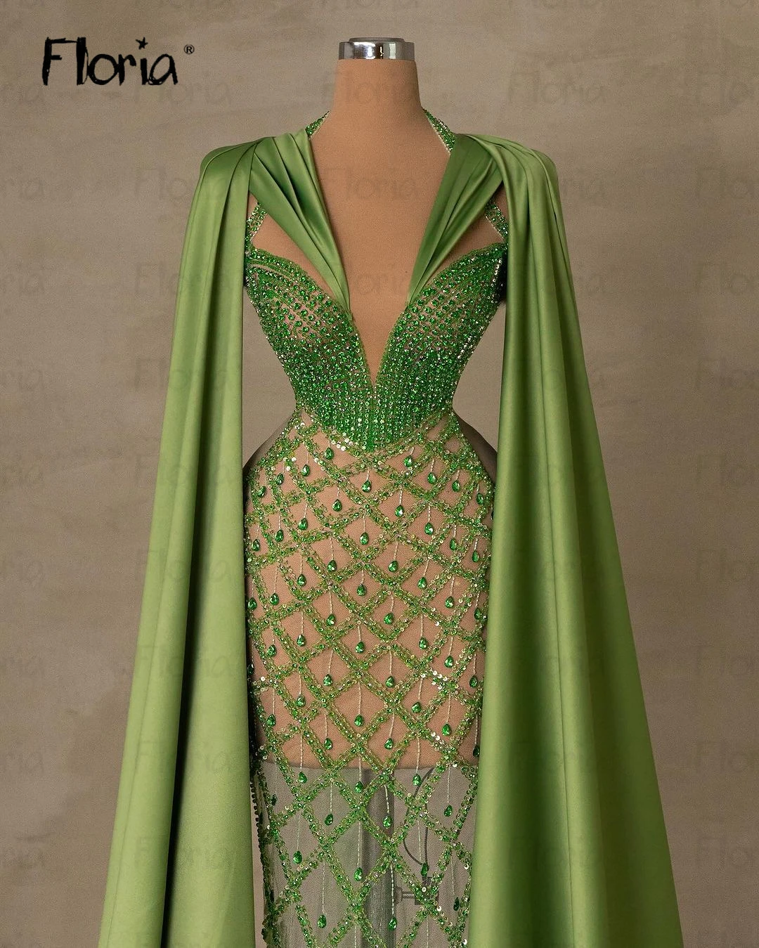 Gorgeous Custom Made Heavy Beaded Green Evening Dress With Long Cape Sleeves Illusion Celebrity Influencer Dress Dubai Vestidos