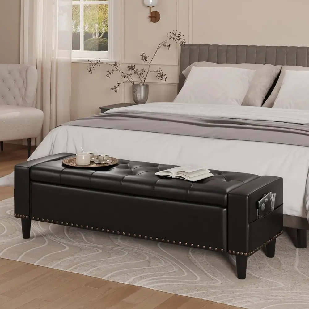 

60 Large Storage Ottoman Bench in Black Leather with Tufted Buttons and Nail Trim, Suitable for Bedroom, Living Room, Entryway,