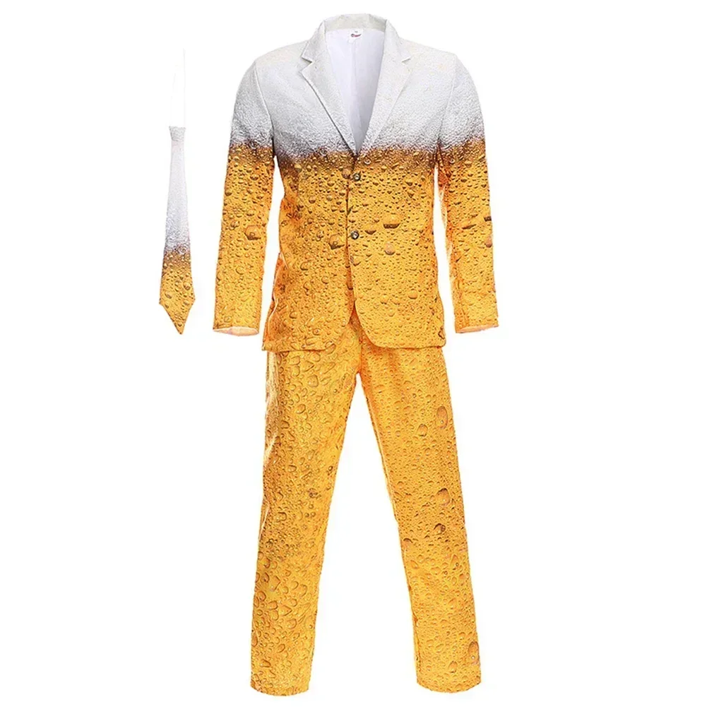 Men\'s Beer Suit, Oktoberfest 3D Cosplay Set, Funny Humour Stag Party Costume, Yellow Color, Regular Length, Long Sleeve