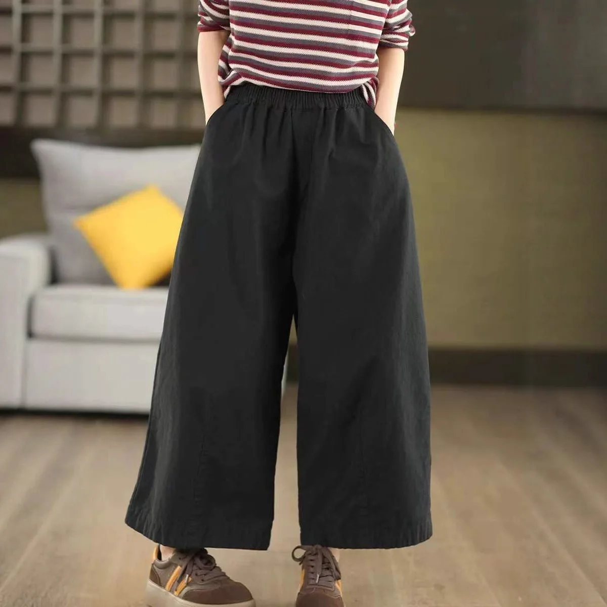 الخريف الرجعية 100% القطن واسعة الساق فضفاضة مستقيم الساق بلون المرأة سراويل تقليدية مرونة الخصر تنوعا مريحة بنطلون
