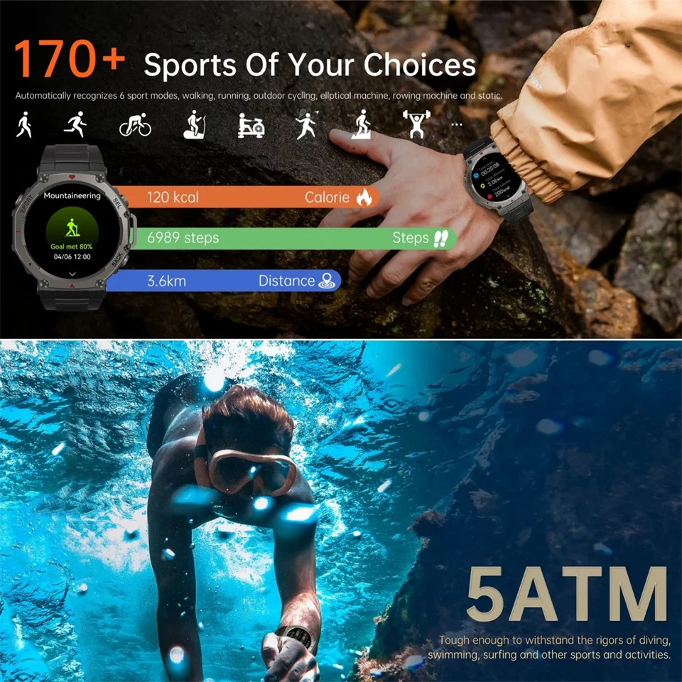 Relógio inteligente militar t-rex 3 bulit-in gps bússola altímetro barométrico 5atm ip69k à prova d' água amoled bluetooth chamada smartwatch