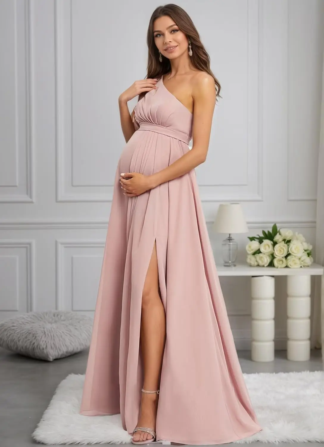 One Shoulder Maternity Dress for Photoshoot 2026 Chiffon Baby Shower Dress A-Line Pleated Pregnancy Maxi Gown Party Dress
