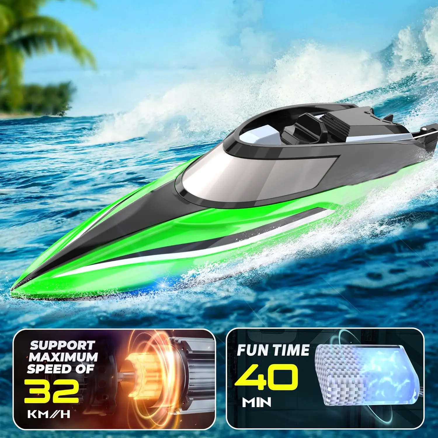 14-Inch Remote Control Boat with Self-Righting, 40 Min Dual-Battery, 32 KPH Speed – Fast RC Boat for Kids & Adults, LED Lights, Waterproof for Pool/Lake/Ocean, Includes Suitcase