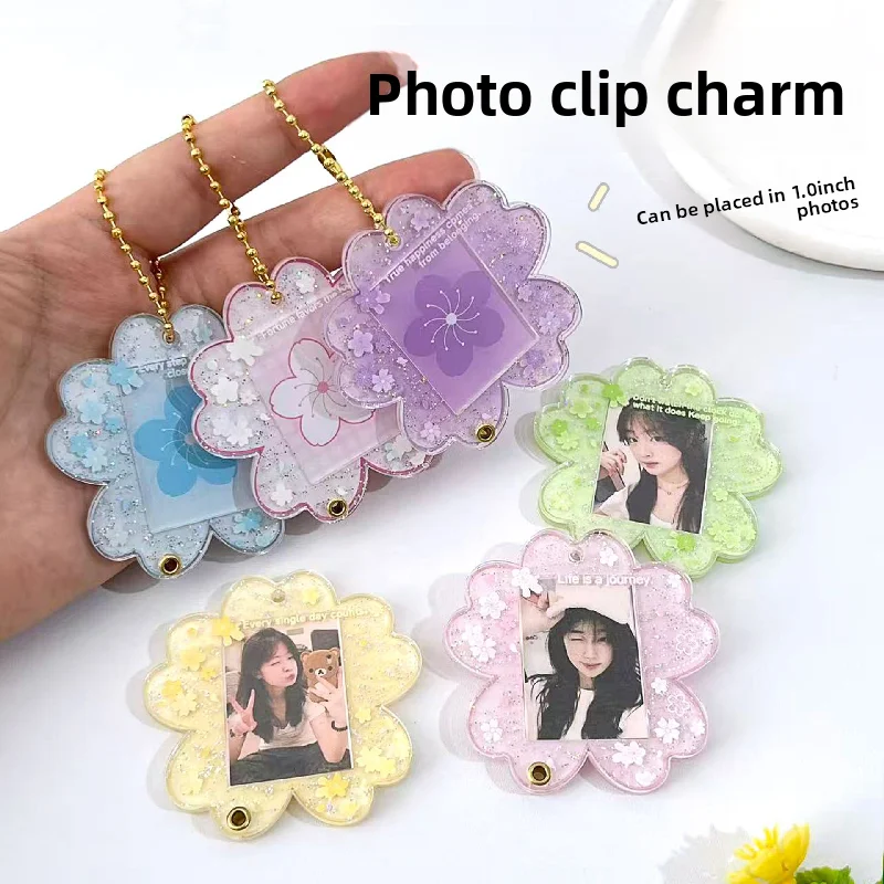 1-Inch Flower Photo Frame Keychain Acrylic Idol Photo Card Holder Photo Organizer Case Decorative Hanging Keychain