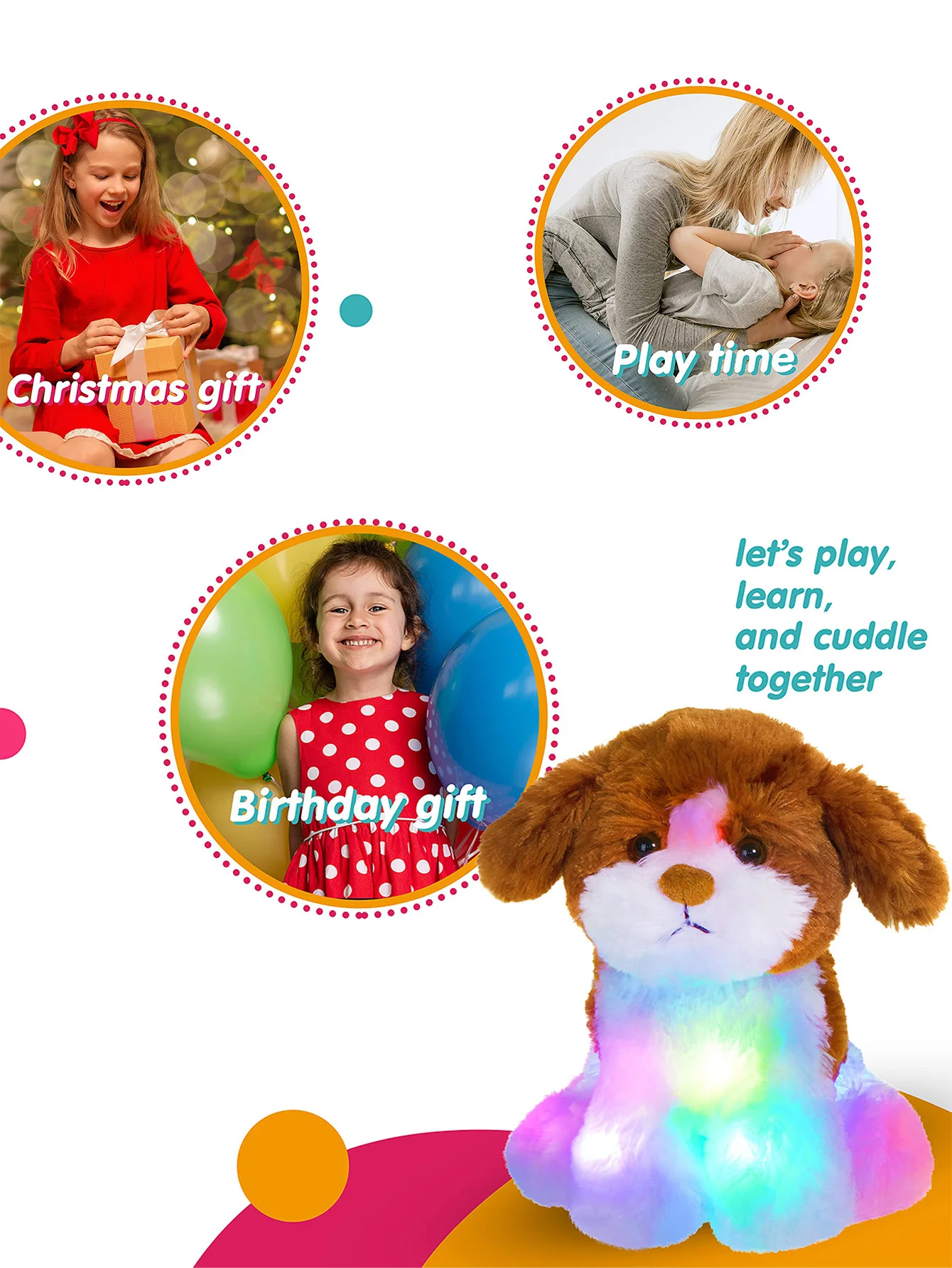 ตุ๊กตาหนานุ่มแบบนุ่มสำหรับสุนัขยัดไส้ด้วยไฟ LED ตุ๊กตามือรูปสัตว์เรืองแสงสำหรับสุนัขของขวัญวันเกิดวันคริสต์มาสสำหรับเด็ก