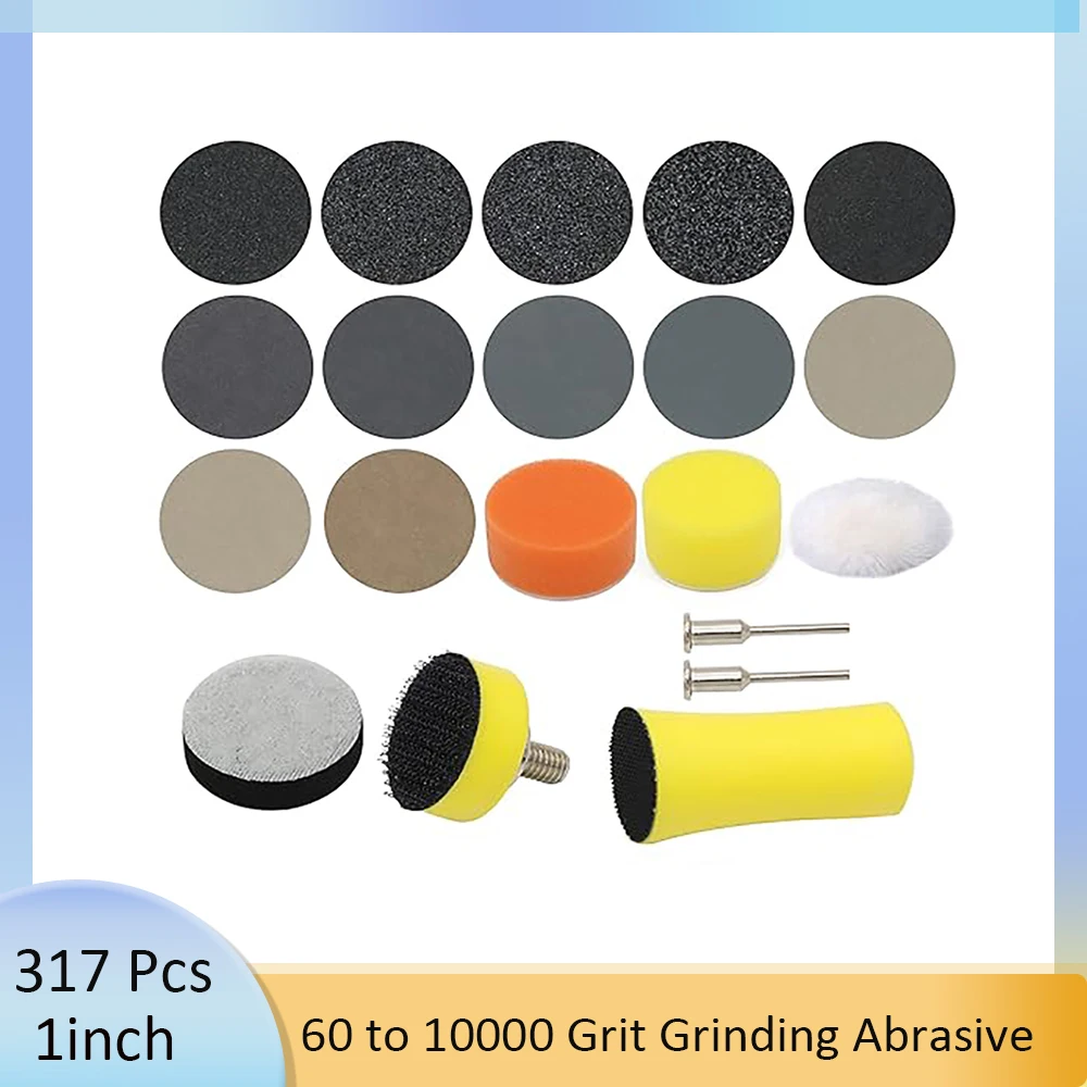 

317 Pcs 1 Inch Wet Dry Sanding Discs, with 1/8" Shank Backing Pad and Soft Foam Buffering Pad for Wood Metal Mirror Jewelry