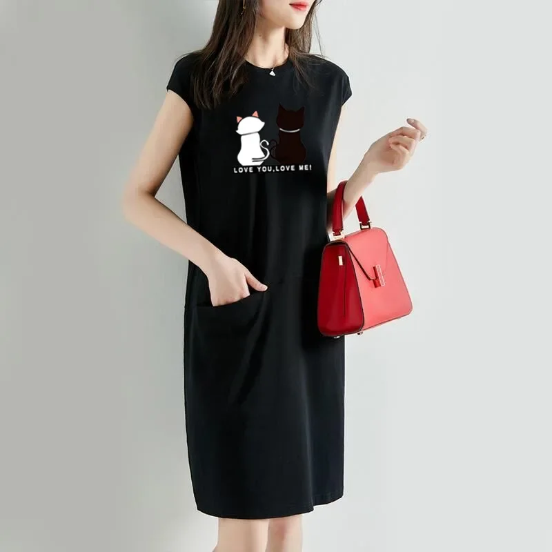 Frauen Sommer Kawaii Katze Druck Kleid Koreanische Mode Ästhetische Kleidung Casual Streetwear Schwarz Lose Midi Kleider für Frauen 2023