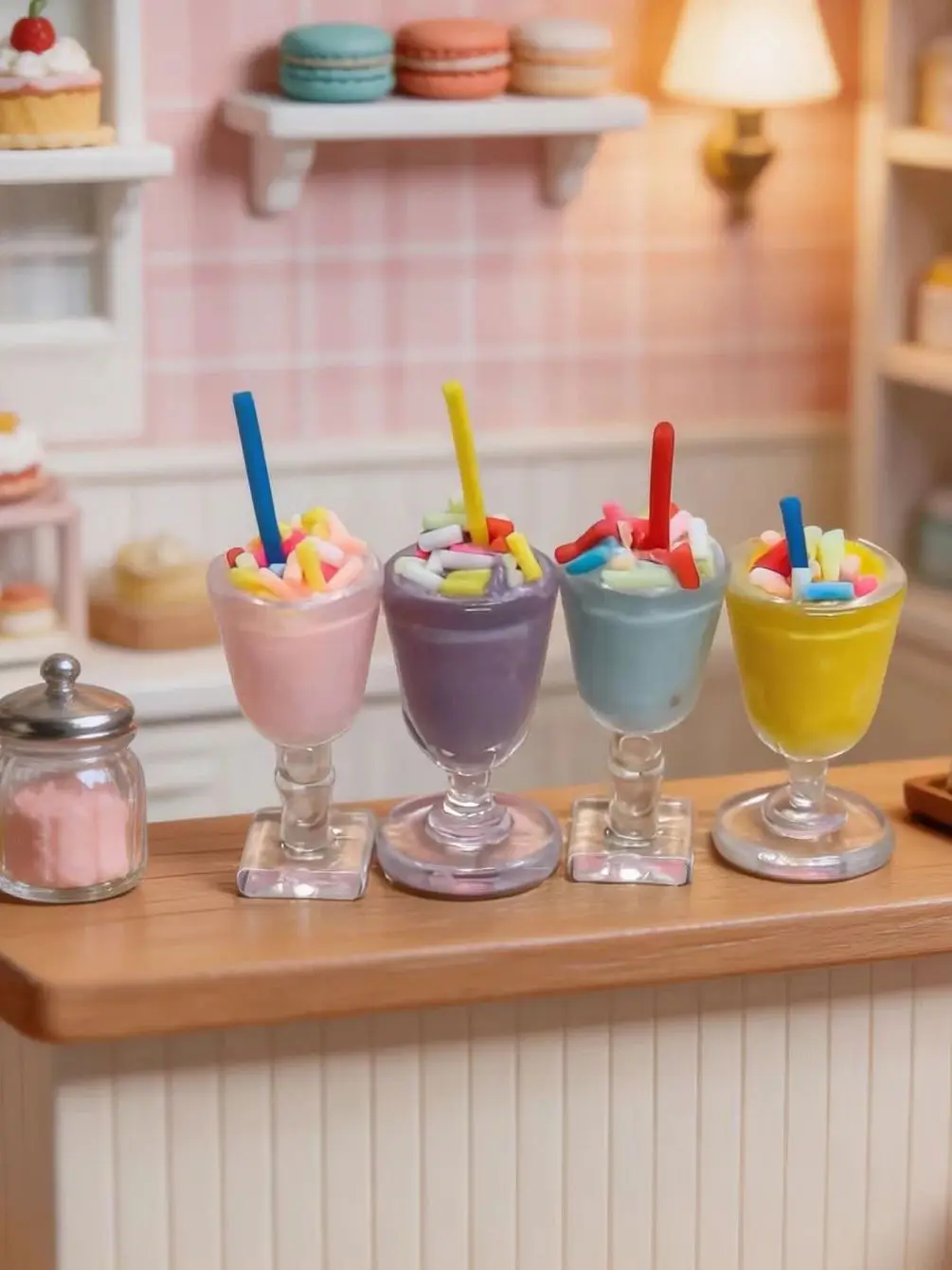 4 Stück Miniatur-Milchshake-Becher als Spielzeug, Mikro-Skala-Szenenornamente, Puppenhaus-Dessertladen-Dekorationen – Detail 1
