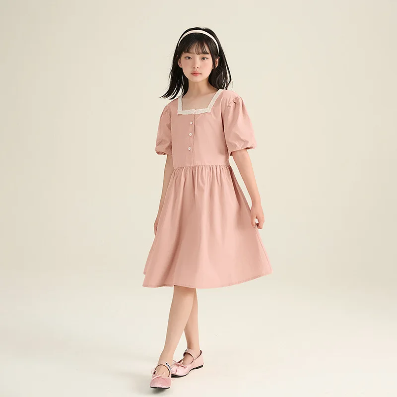 2024 Korean Summer Children Girl One-piece Dress School Girl Casual Solid Cotton Bubble Sleeve Dress Junior Girl Princess Dress