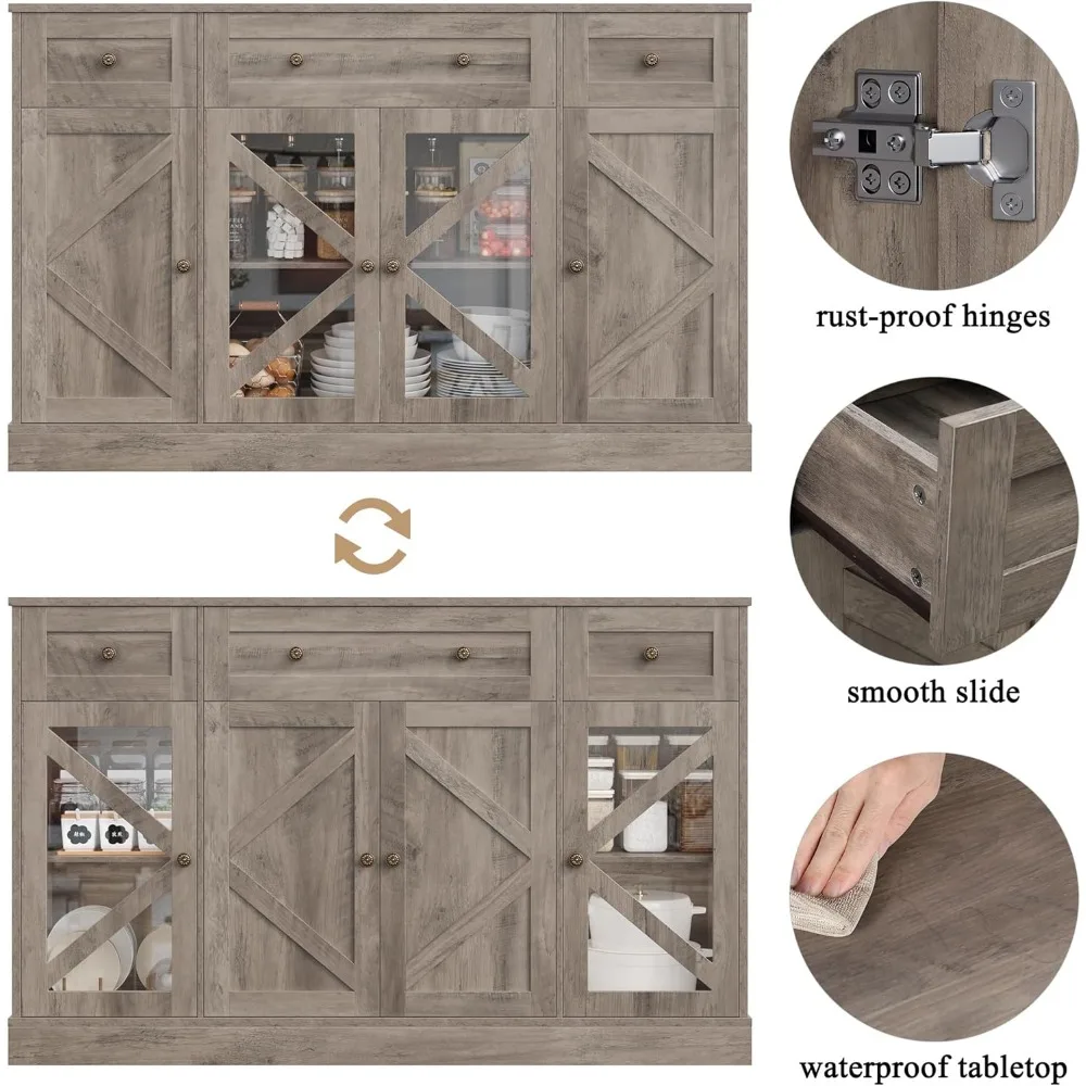 خزانة جانبية من keyluv بوفيه مقاس 55 بوصة، خزانة تخزين كبيرة 4 أبواب و3 أدراج، وبار قهوة خشبي للمزرعة، وأثاث خزانة موفر للمساحة #6