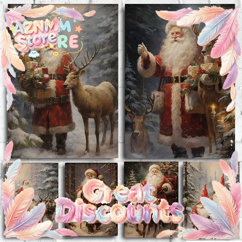 Vintage Christmas Winter Santa Claus Coming with Presents Snowy Forest Wall Art Posters Prints Canvas Painting Room Home Deco