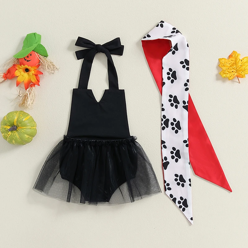 Baby Girls Halloween Cosplay Costume Sleeveless Tulle Romper Dress & Scarf Sets for Themed Party