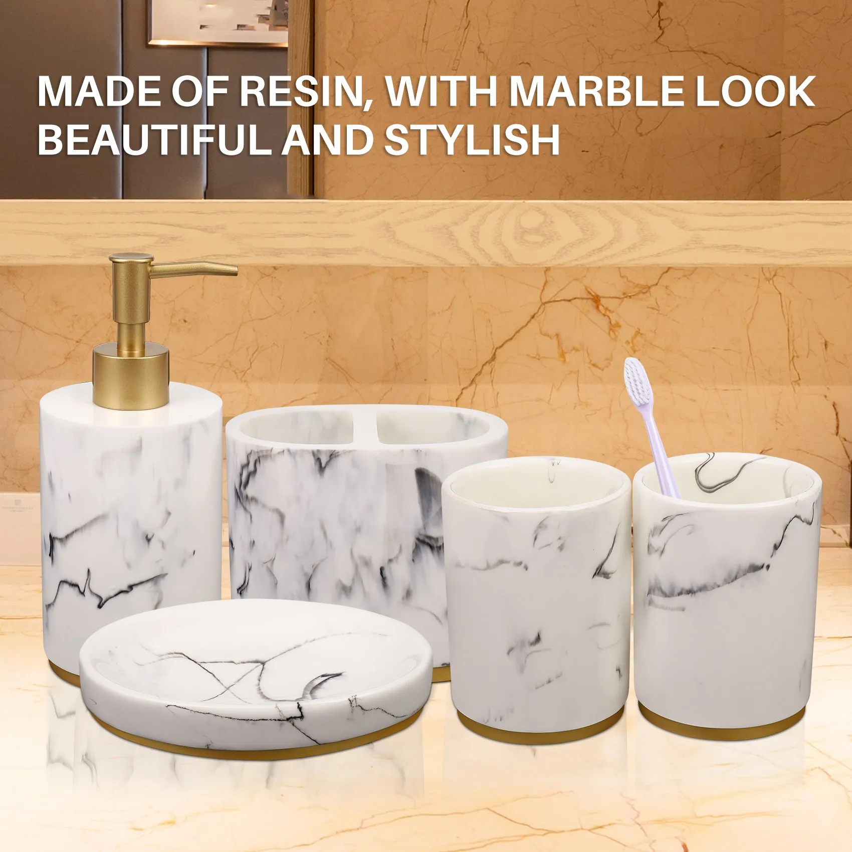 [Value Pack]Bathroom Accessories Set, 5 Pieces Bath Ensemble, Bath Set Collection Marble Pattern Soap Dispenser Pump, Toothbrush