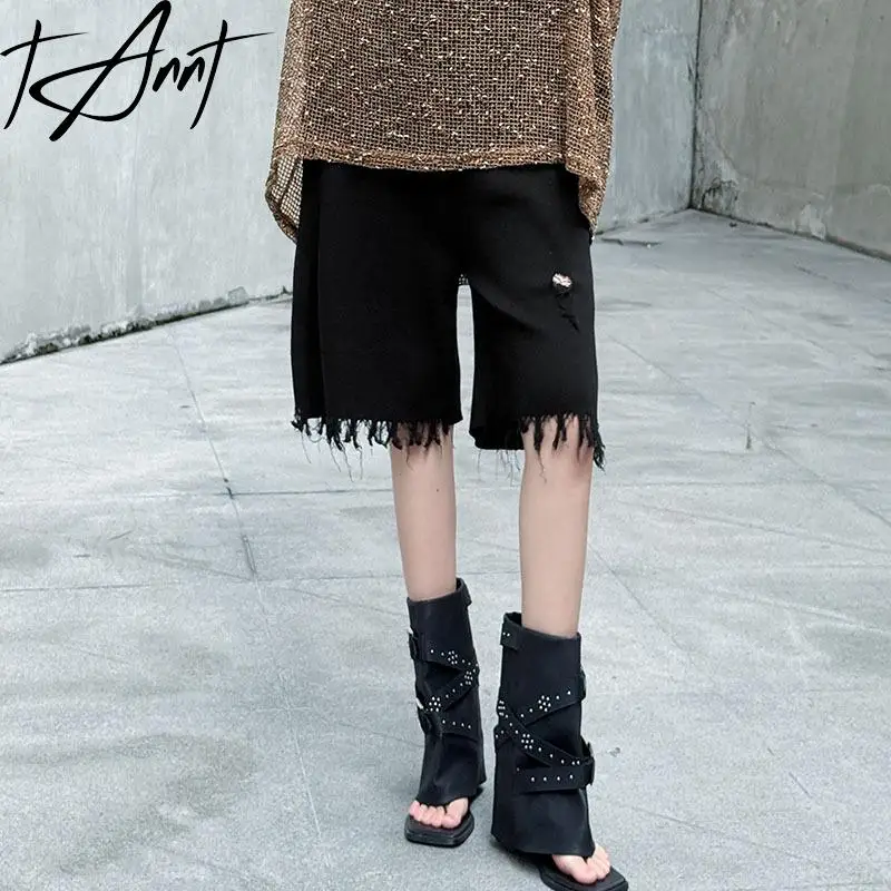 

Tannt женские брюки с асимметрией и кисточками, черные брюки длиной до колена для женщин, модные повседневные черные брюки с высокой талией, новинка 2023 года