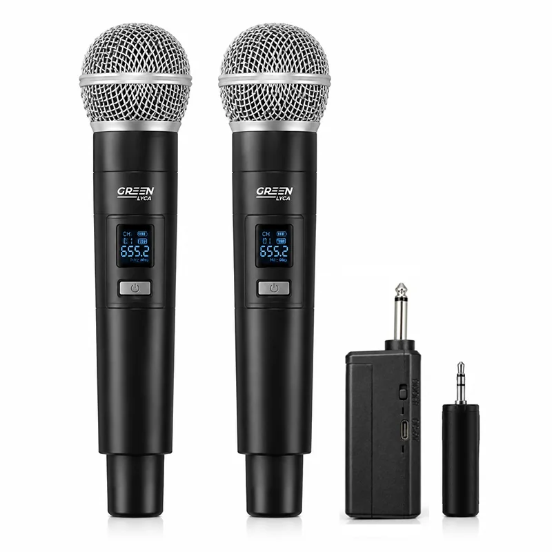 Set di due microfoni wireless (ricaricabili), gamma di frequenza 40-18.000 Hz, portata di 15 m: ideale per canto, feste in casa, compleanni, servizi religiosi e presentazioni orali.