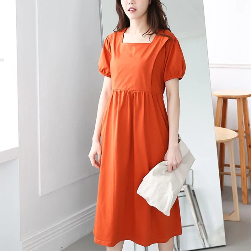 

Large Size Maternity Dress Folds Puff Sleeve Maternity Dresses Fashion Solid Square Collar Loose Pregnancy Dress Pregnant Women