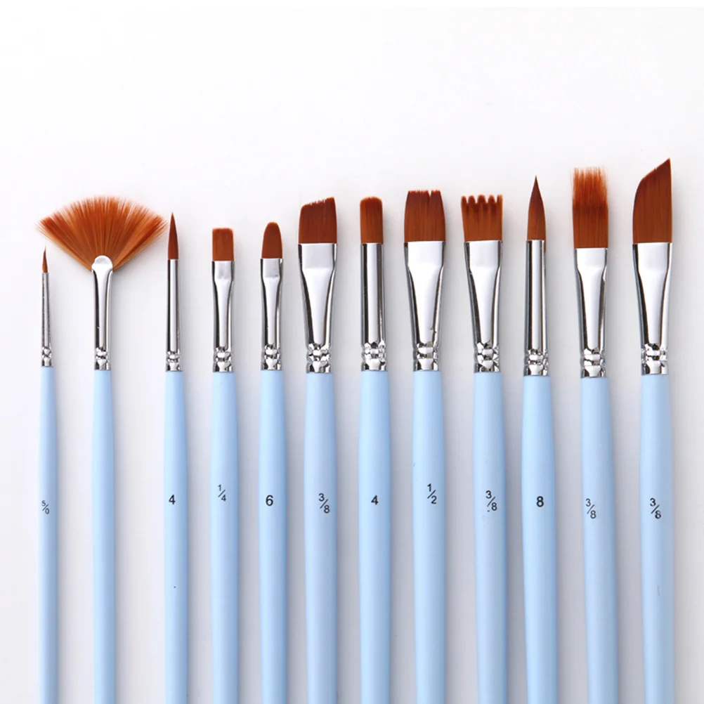 

12Pcs Painting Brush Set Nylon Hair Flat Round Angular Filbert Liner Durable Long Lasting for Watercolor Painting