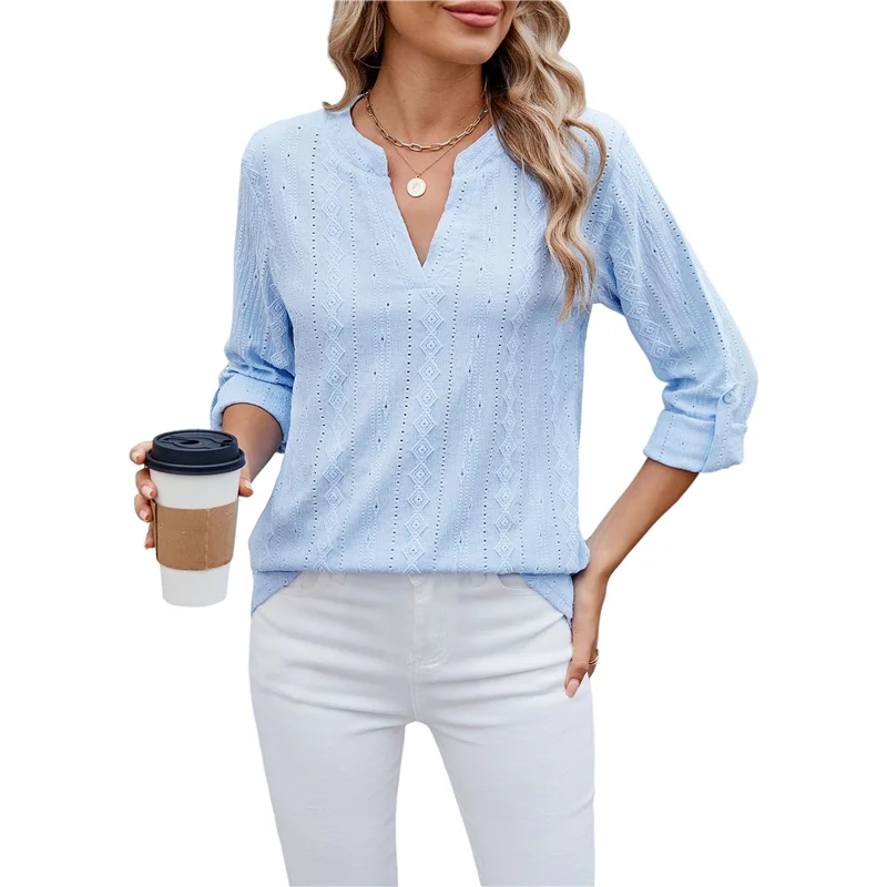 【SEE】여성용 V 넥 캐주얼 할로우 아웃 아일렛 자수 블라우스 셔츠 비치 커버 탑 Dressy