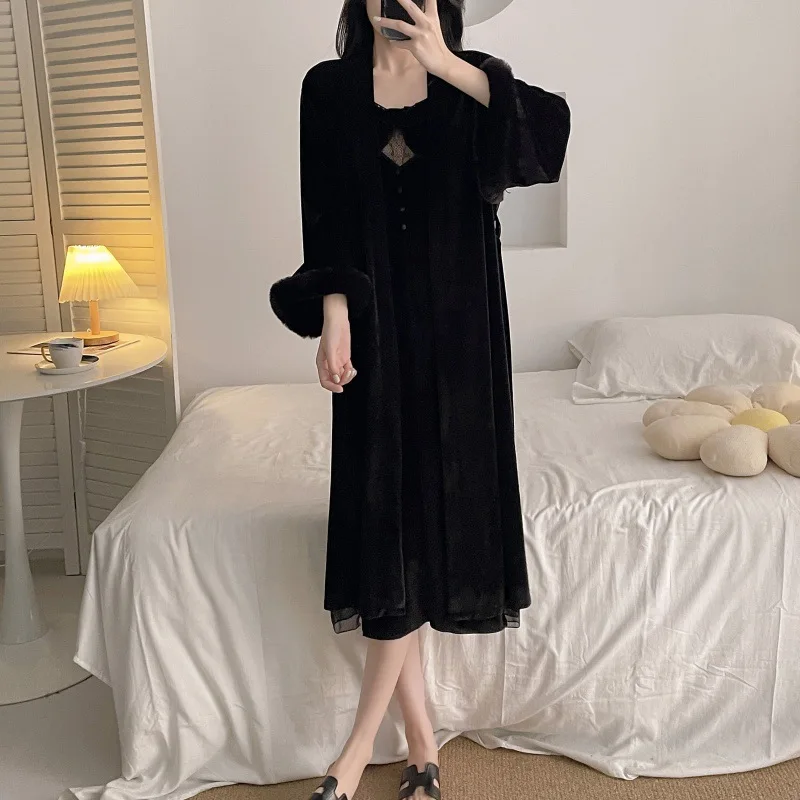Sexy Velvet Hollow Lace Twinset Robe Set Female Long Nightgown Lingerie Elegant Kimono Bathrobe Gown Loose Sleepwear Homewear