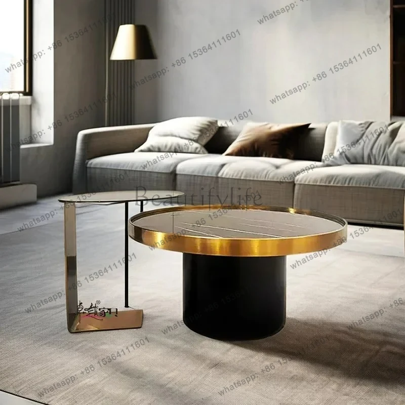 D25 طاولة شاي مستديرة مزيج غرفة المعيشة الزجاج المقسى بلاطة الصخور الطبيعية طاولة القهوة الصغيرة الخفيفة الفاخرة الحديثة #2