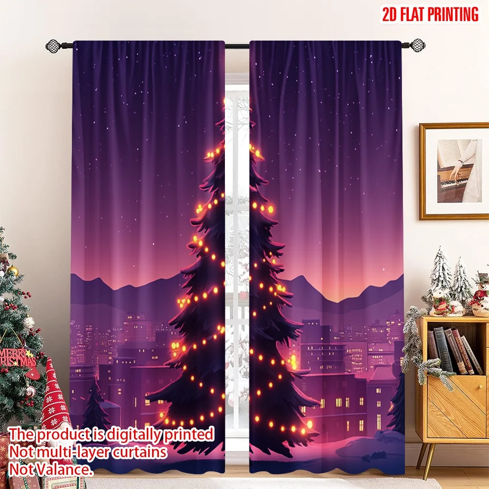 

2pcs 2D flat printing Christmas Drapes Christmas Tree Snow Winter Town (3) Polyester Without Electricity Family Party Perfect