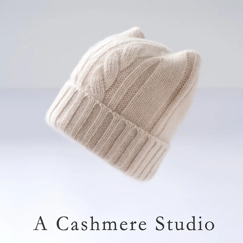 100% Cashmere Cat Ear Hats For Boys and Girls Knit Cute Children's Cable Beanie Warm and Casual Hats in Winter