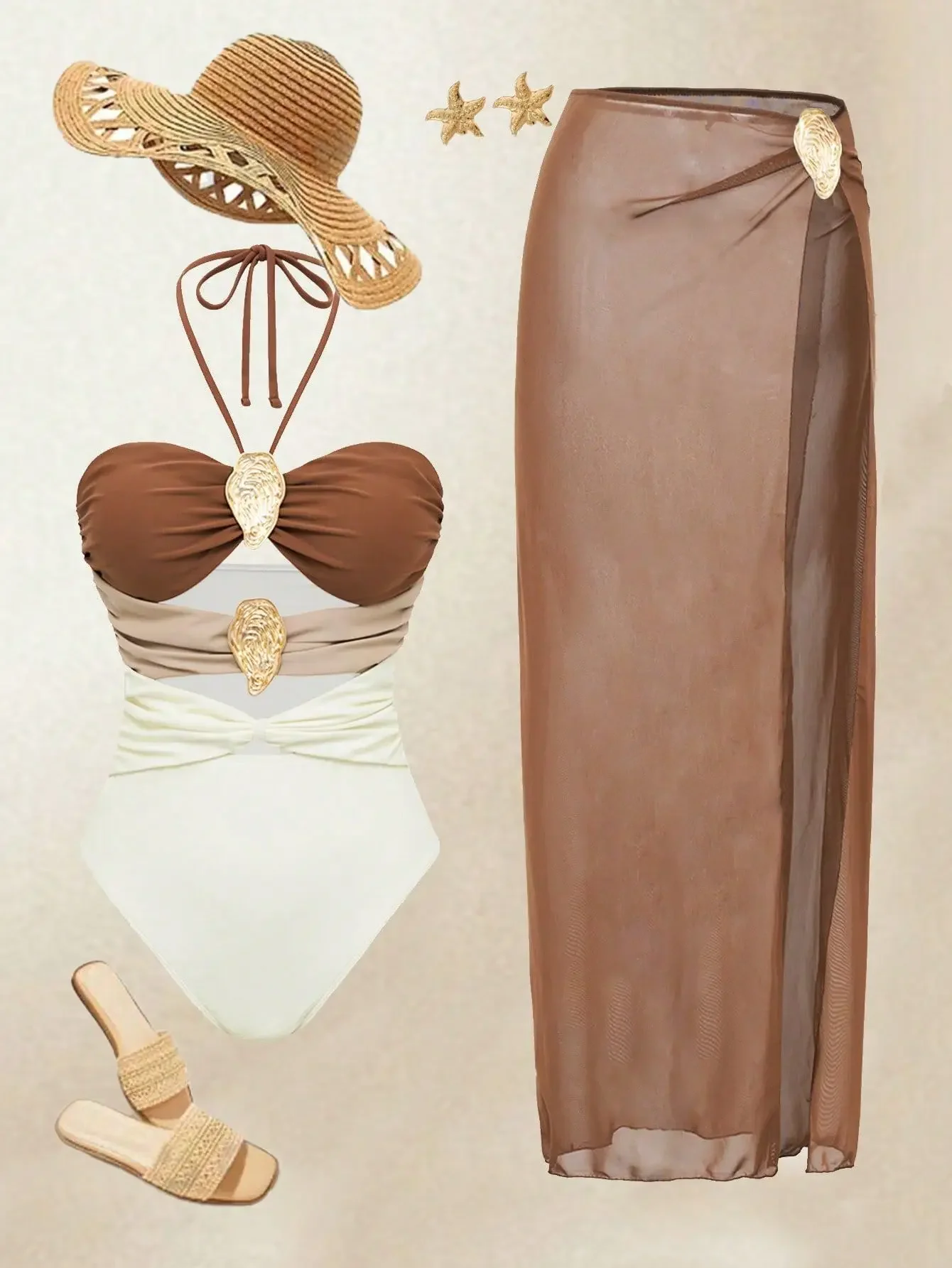 Luxuriöser, schulterfreier Badeanzug für Damen, sexy, ausgehöhlte Badebekleidung mit Patchwork-Gürtel, Strandmode-Body für 2025,