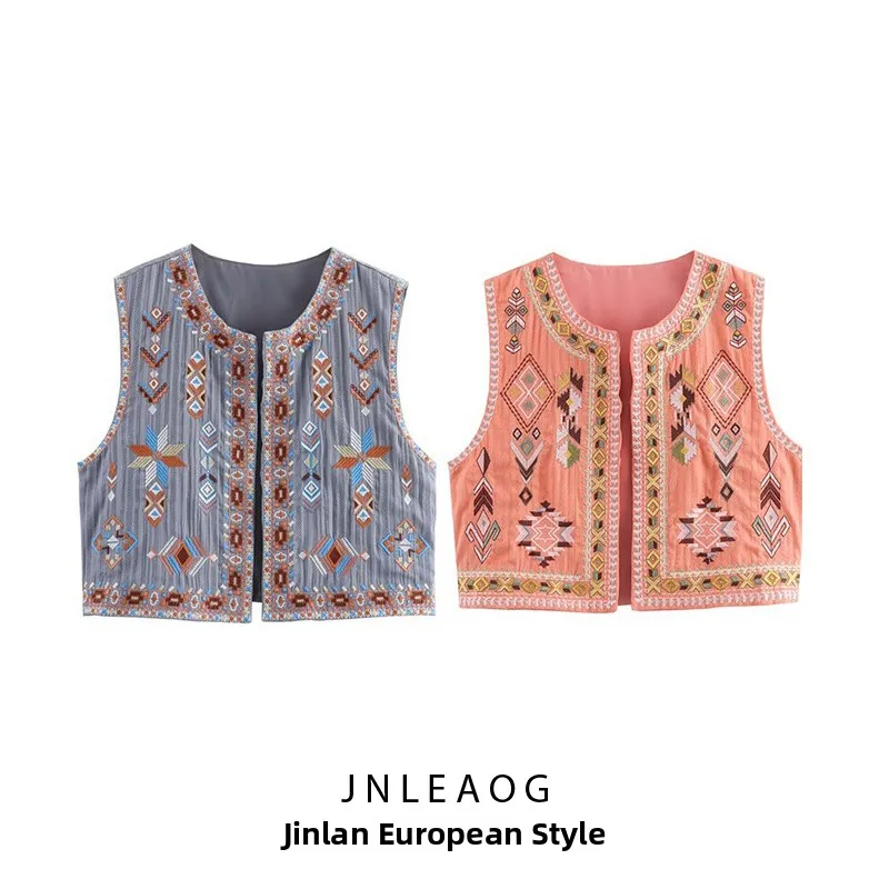 

JNLEAOG Spring New Women's Faion Design Two-color Embroidery Cotton Linen Jaet Sli Ladies Vest Polyester Fiber