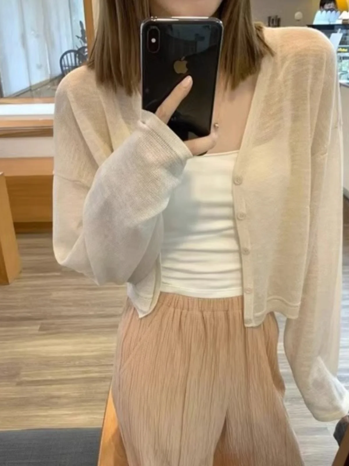 

Linen Sun Protection Light Weight Cardigan Women Summer Shawl Ice Silk Outerwear with Strap Dresses V-Neck Long Sleeve Loose Fit