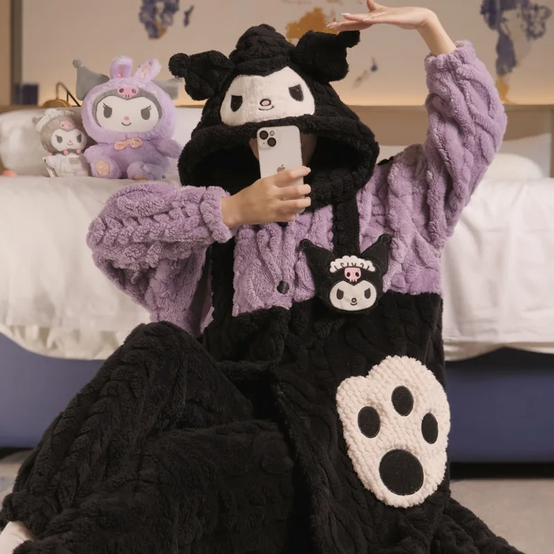 

2Pcs Plush Pajamas Set Kawaii Cinnamoroll Women Autumn Winter Thicken Hooded Homeclothes Girls Thicken Cute Sleeping Gown Pants