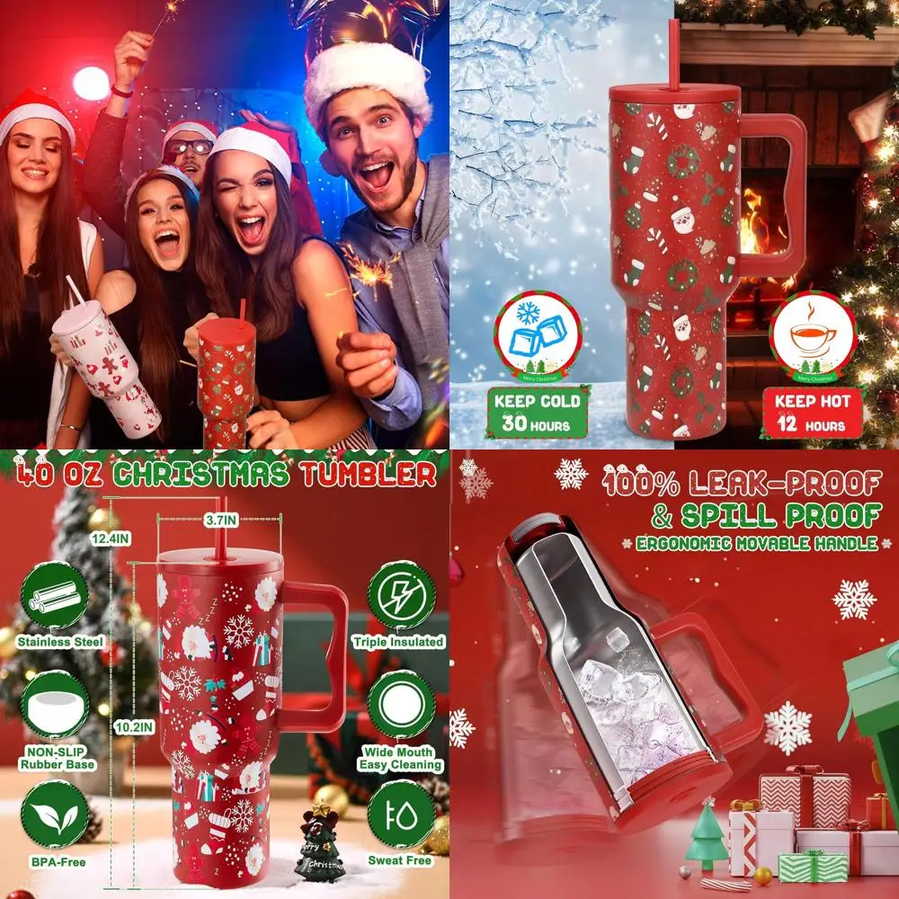 

40oz Red Sleepy Santa Christmas Travel Mug with Handle, Straw, and Triple Walled Stainless Steel, Keeps Drinks Cold for 34 Hours