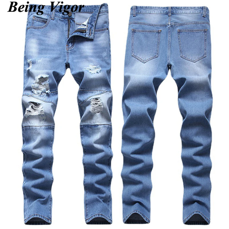 

Being Vigor Street Wear 70% Cotton Stretchy Men Jeans Slim Fit Ripped Hole Denim Jean Pants Patchwork Men Leisure Trousers Plus