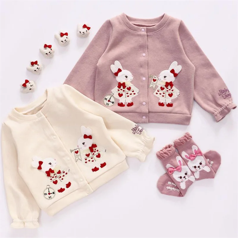 

Children's clothing girls cartoon embroidered rabbit long-sleeved jacket children's knitted sweater jacket