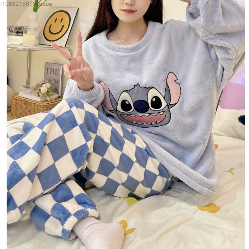 Stitch Women\'s Autumn And Winter Round Neck Long Sleeve Pajamas Korean Style Cute Print Home Clothes Sweet Y2k Girl Nightwear