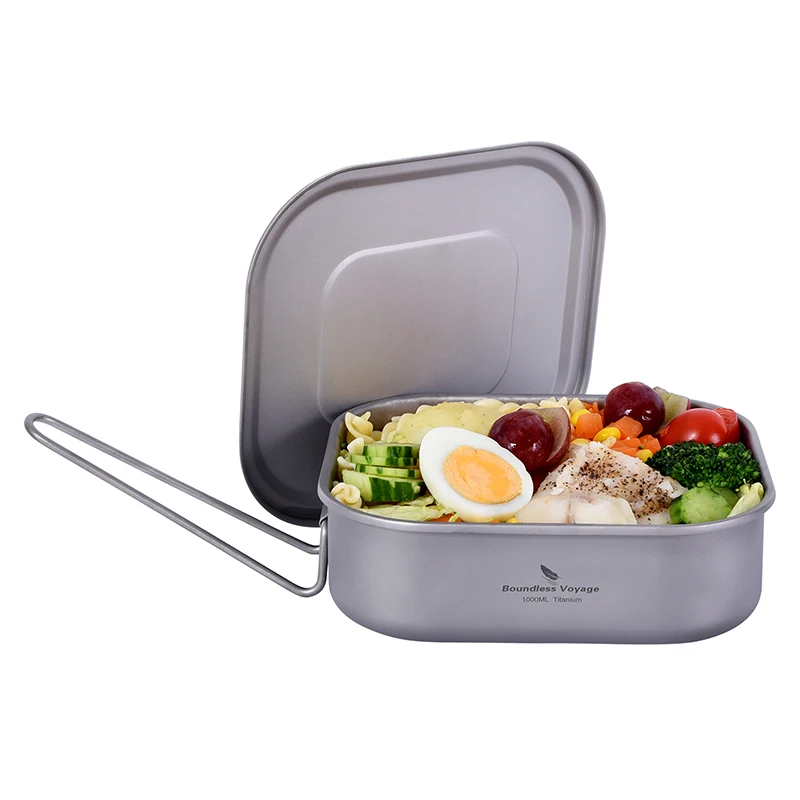 

Boundless Voyage Titanium Dinner Box 1L Military Mess Outdoor Travel Picnic Camping Tableware Bento Box Folding Handle