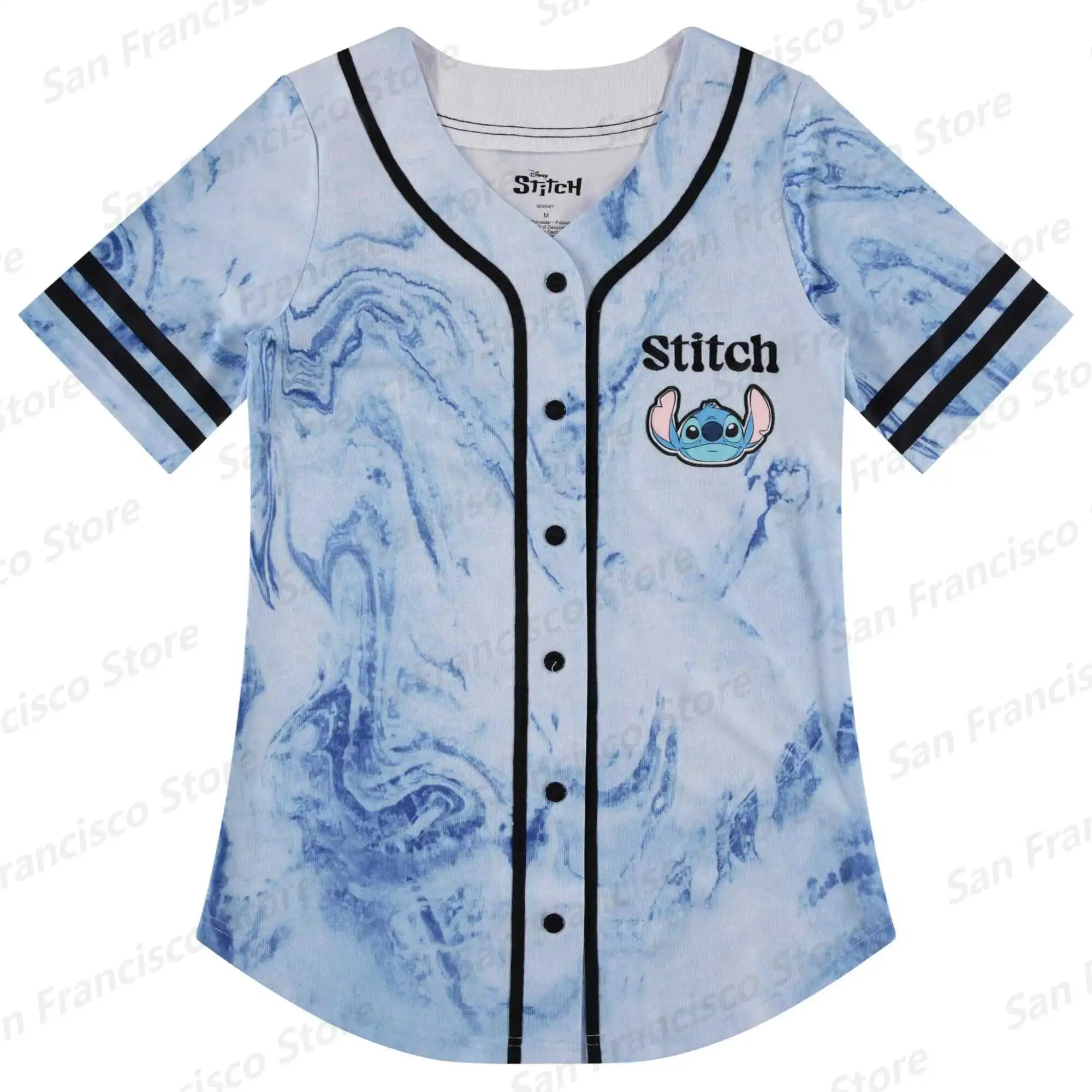 Summer New Boy&Girl Disney Stitch Classic Pattern Line Style Baseball Shirt KIDs/Adult Casual Breathable Collarless Shirt Jersey