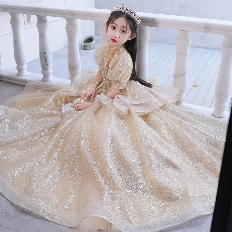 Luxury Shinny Beading Design Flower Girl abiti per matrimoni o-collo Stand Collar Girls Birthday Dress 2023 Tiered Princess Robe