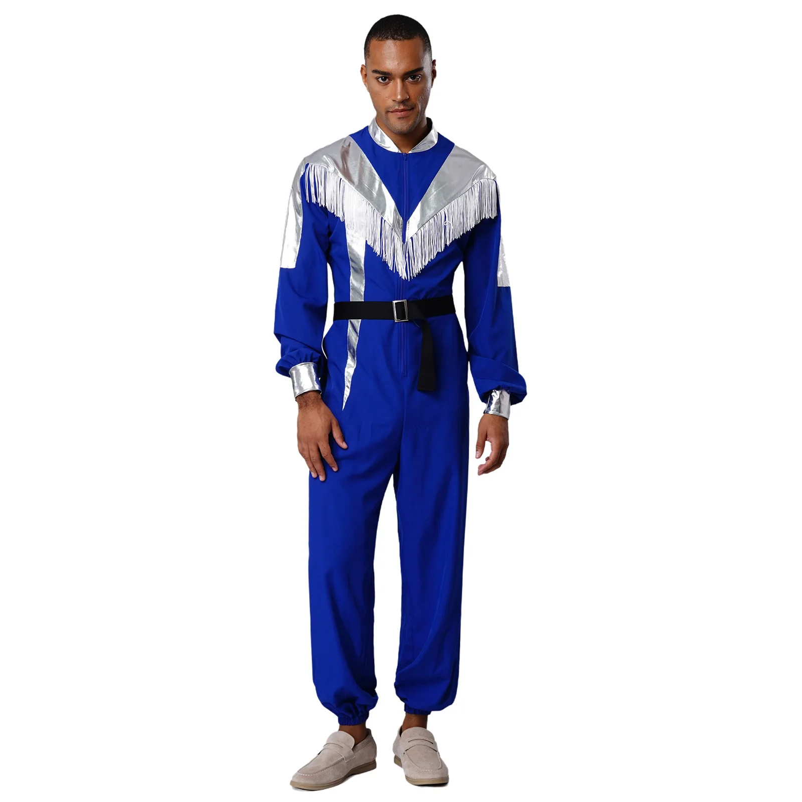 

Men Galaxy Explorer Costume Reflective Strips Front Zipper Color Block Metallic Jumpsuit Detachable Belt Space Cowboy Attire