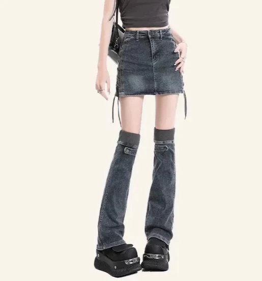 

Sexy American Fashion Summer Denim Side Lace Up Short Skirts Y2k Aesthetic High Street Punk Leg Warmers Harajuku 2 Piece Sets