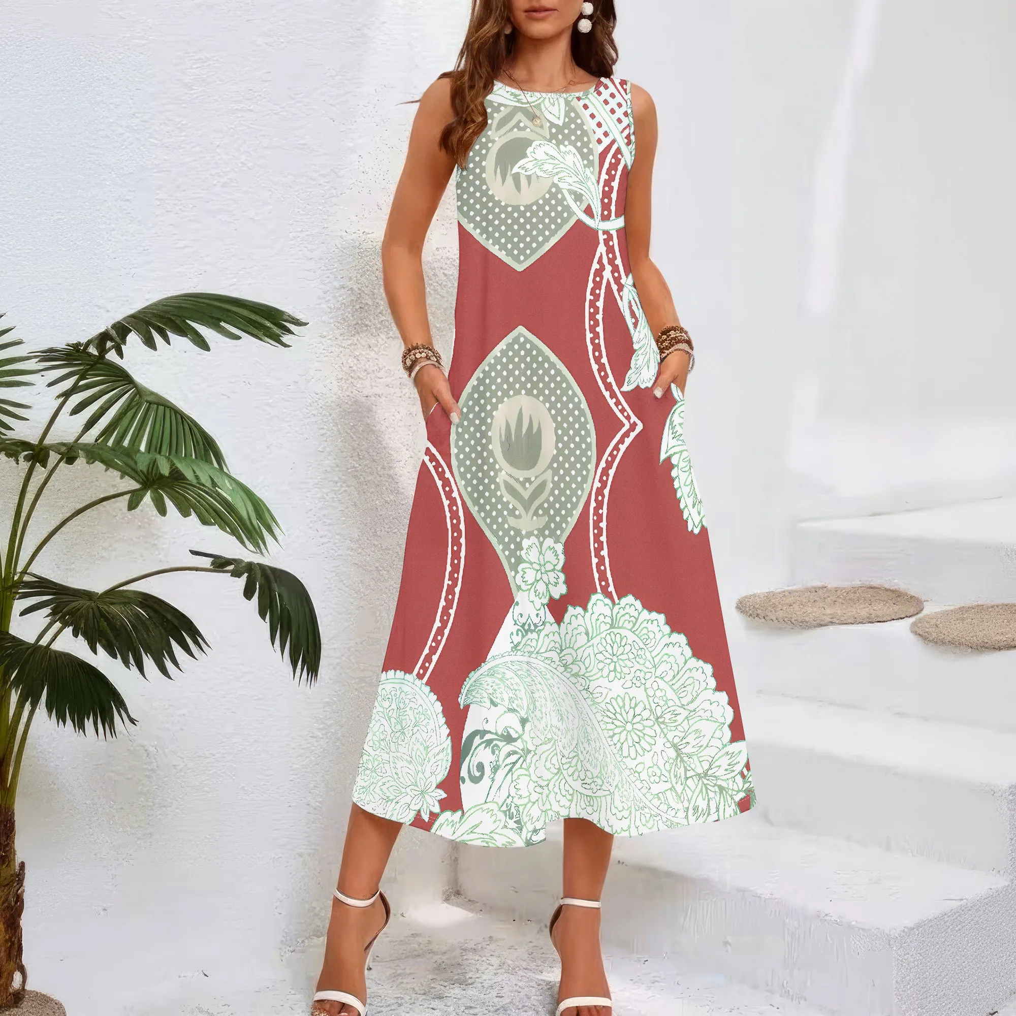 

Women casual loose round neck summer 3D geometric print black style sleeveless large swing dress (pocket)