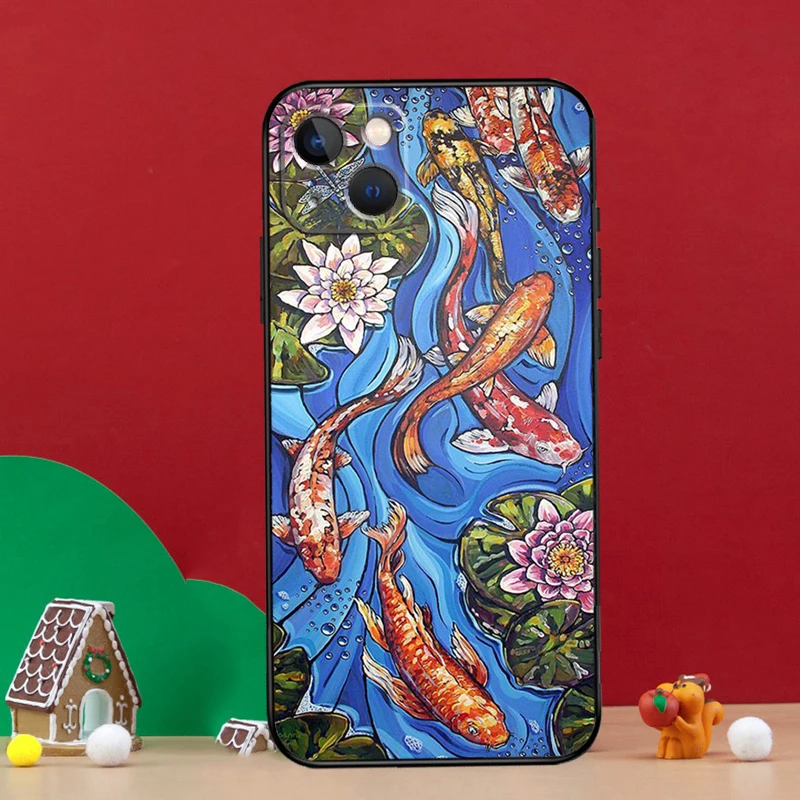 Koi Carp Fish Painting Phone Case For iPhone 15 12 13 Mini Plus X XR XS 11 14 Pro Max Back Cover Shell