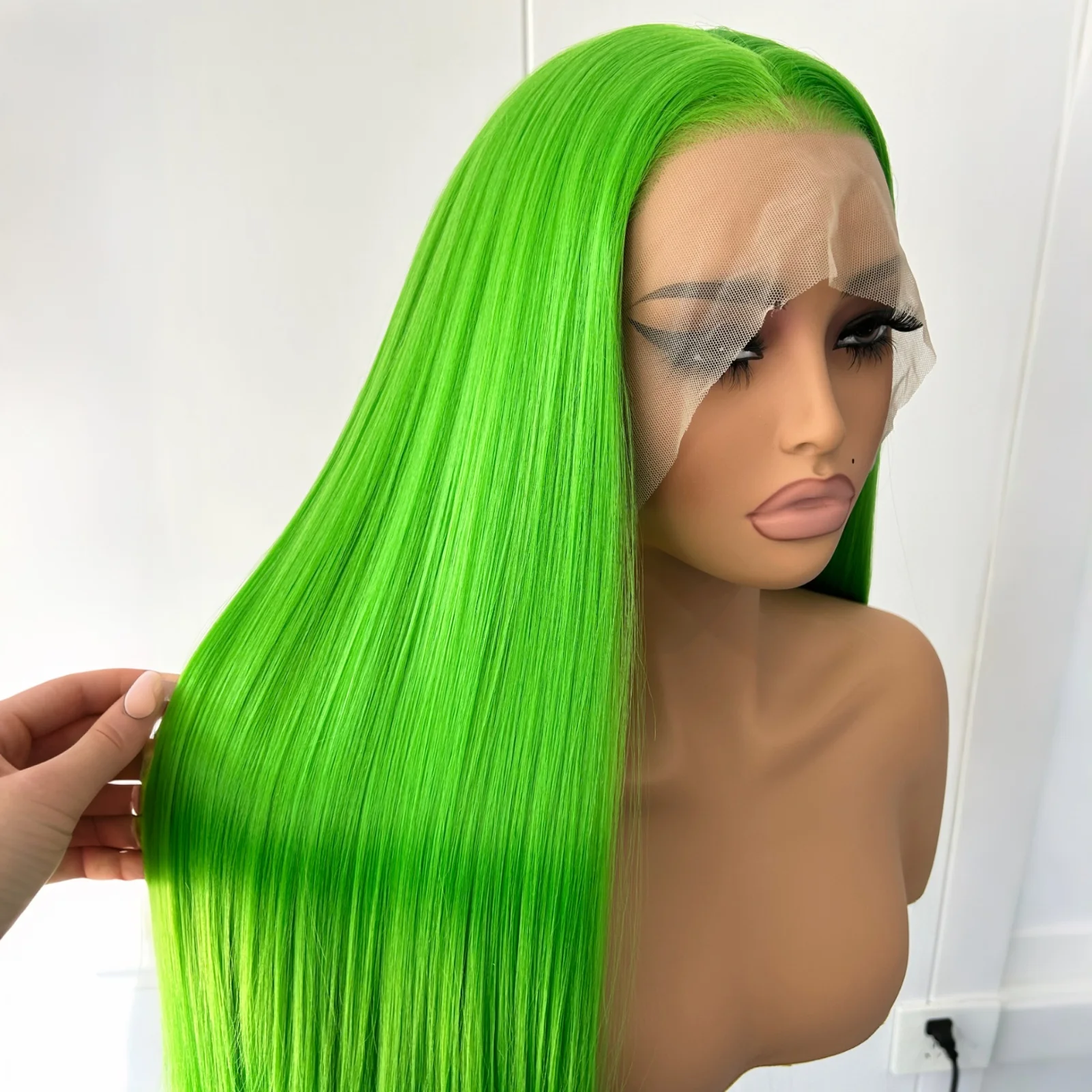 Long Green Wig Silky Straight Synthetic Hair Free Part Lime Green Colored Lace Heat Resistant Fiber Wigs for Women Party Cosplay