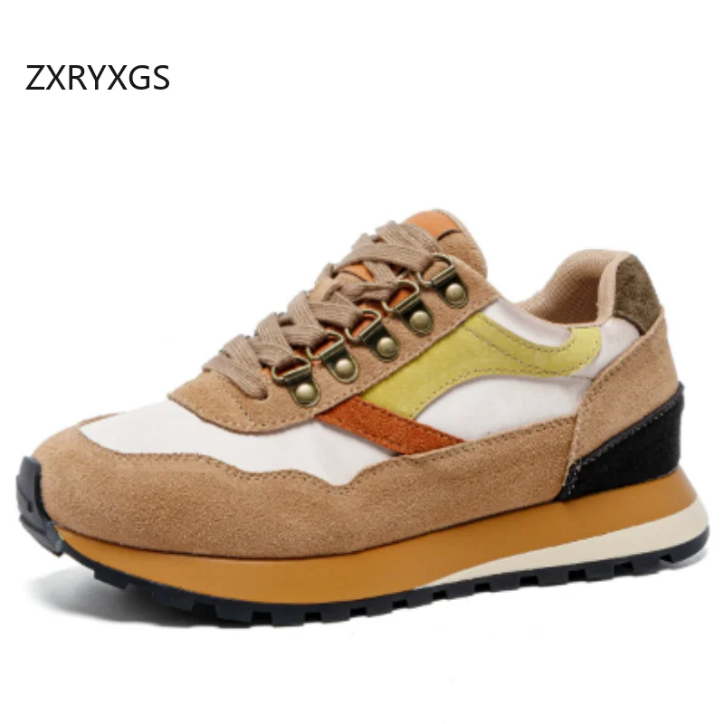 ZXRYXGS 2026 Premium Matte Cowhide Splicing Color Matching Women Fashionable Sneakers Casual Shoes Comfortable Trend Sneakers