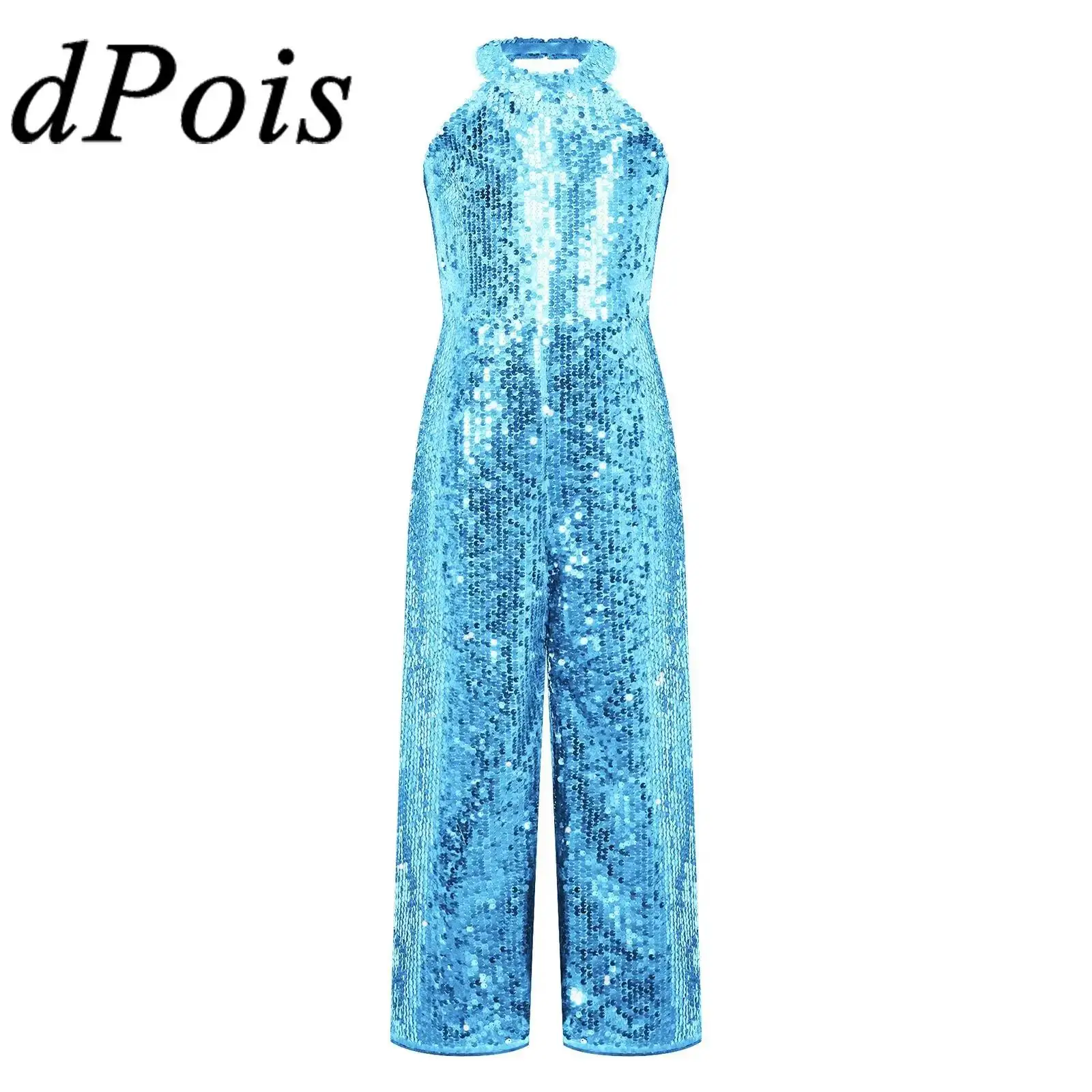 Kids Girls Shiny Sequins Gymnastics Jumpsuit Romper Halter Neck Wide Leg Pants Sleeveless Jumpsuit for Birthday Party Dancing