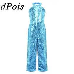 Kids Girls Shiny Sequins Gymnastics Jumpsuit Romper Halter Neck Wide Leg Pants Sleeveless Jumpsuit for Birthday Party Dancing